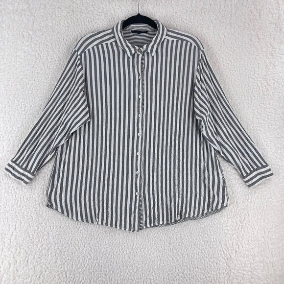 Jane + Delancey Gray Striped Button-Up Shirt Womens Long Sleeve Plus Size 1X - Picture 1 of 16